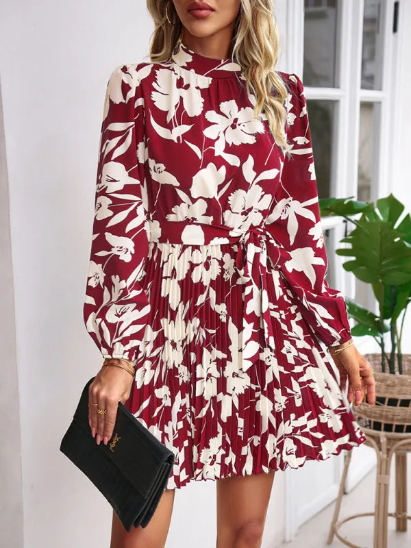 Elegant Floral Pleated Long Sleeve High Neck Mini Dress