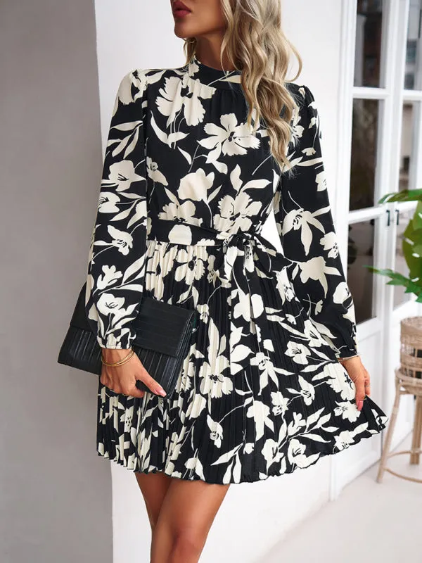 Elegant Floral Pleated Long Sleeve High Neck Mini Dress