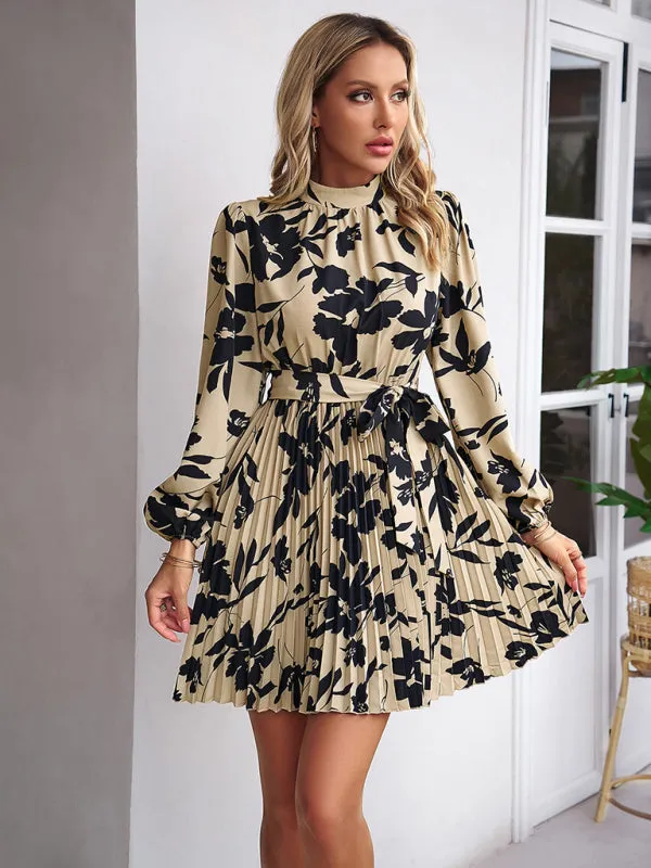 Elegant Floral Pleated Long Sleeve High Neck Mini Dress