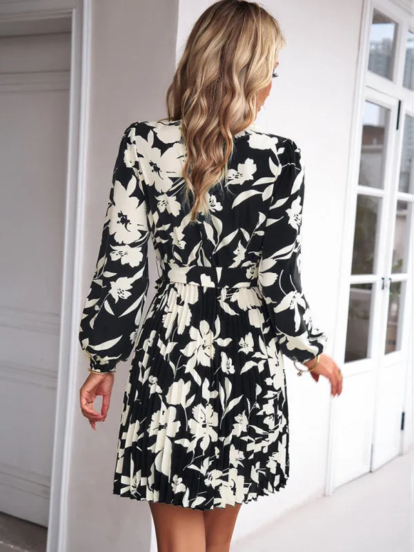 Elegant Floral Pleated Long Sleeve High Neck Mini Dress