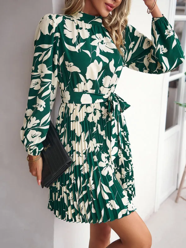 Elegant Floral Pleated Long Sleeve High Neck Mini Dress