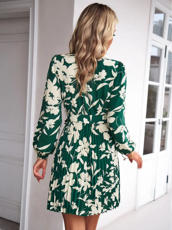 Elegant Floral Pleated Long Sleeve High Neck Mini Dress