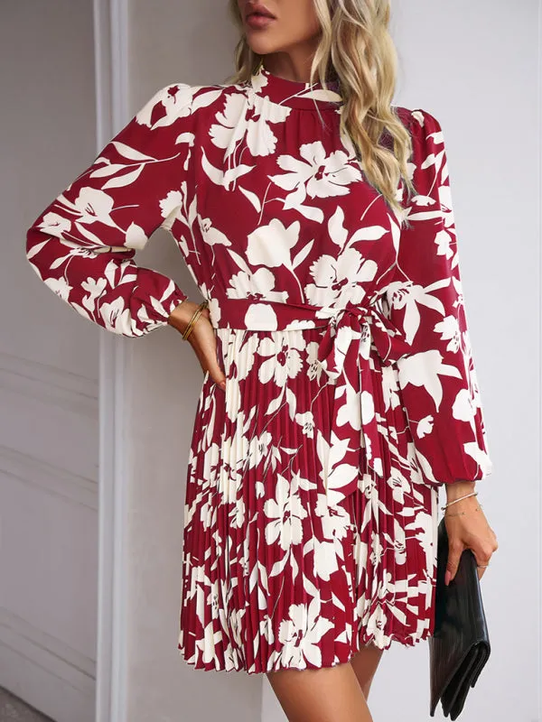 Elegant Floral Pleated Long Sleeve High Neck Mini Dress