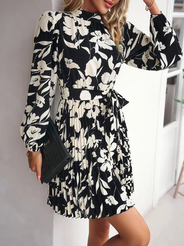 Elegant Floral Pleated Long Sleeve High Neck Mini Dress