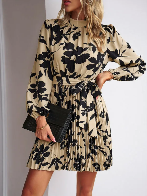 Elegant Floral Pleated Long Sleeve High Neck Mini Dress