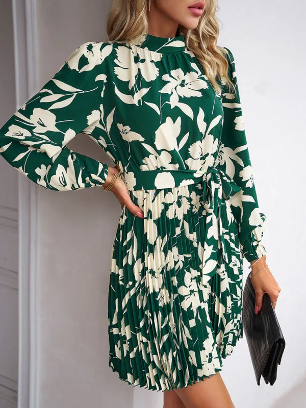 Elegant Floral Pleated Long Sleeve High Neck Mini Dress