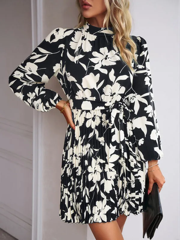 Elegant Floral Pleated Long Sleeve High Neck Mini Dress