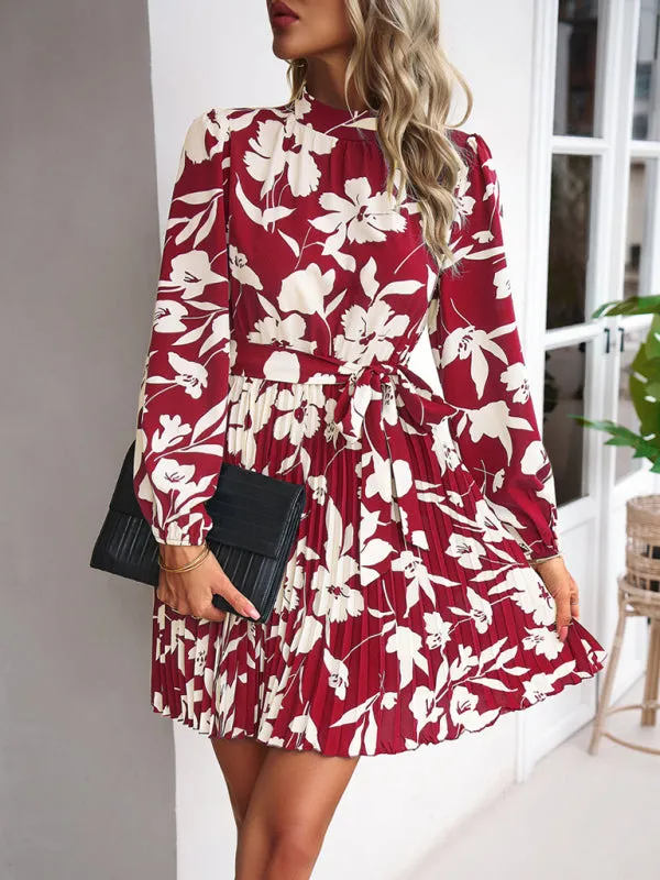 Elegant Floral Pleated Long Sleeve High Neck Mini Dress