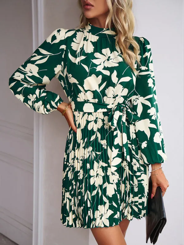 Elegant Floral Pleated Long Sleeve High Neck Mini Dress