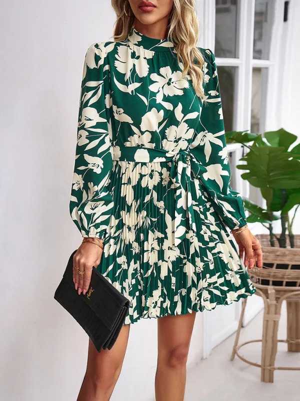 Elegant Floral Pleated Long Sleeve High Neck Mini Dress