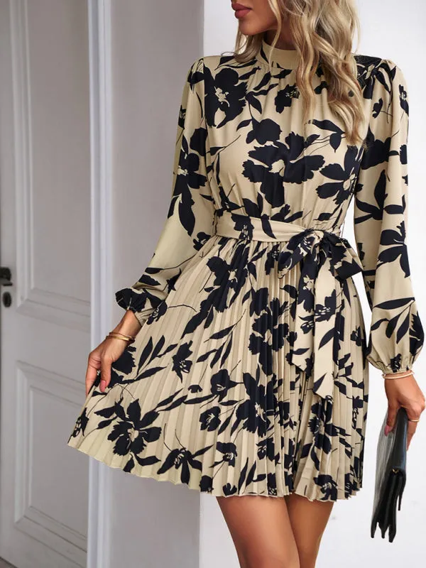 Elegant Floral Pleated Long Sleeve High Neck Mini Dress