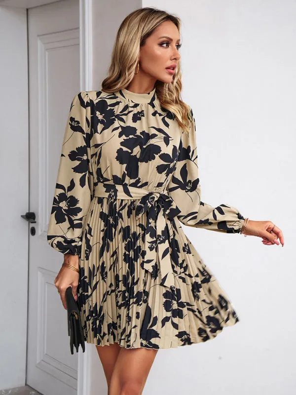 Elegant Floral Pleated Long Sleeve High Neck Mini Dress