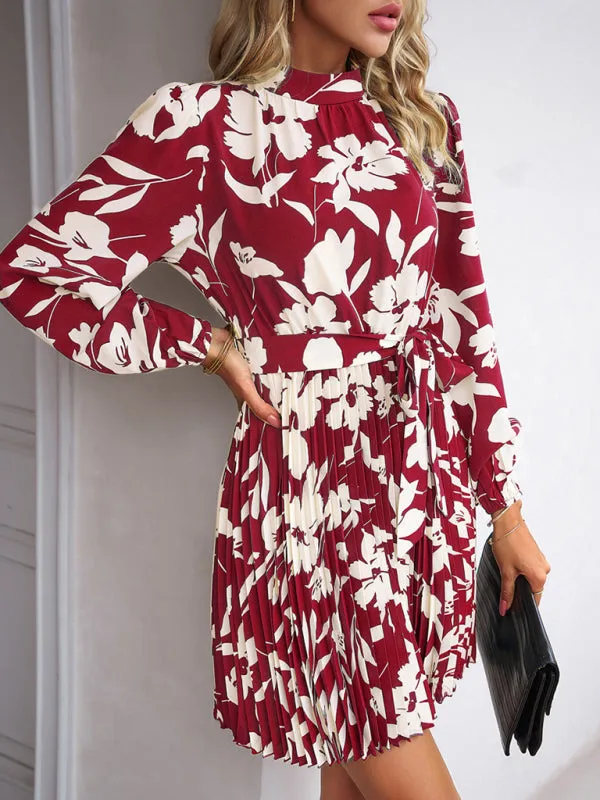 Elegant Floral Pleated Long Sleeve High Neck Mini Dress