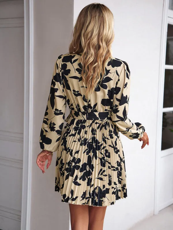 Elegant Floral Pleated Long Sleeve High Neck Mini Dress