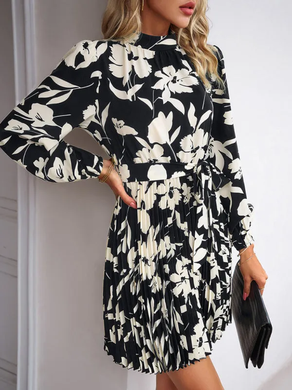 Elegant Floral Pleated Long Sleeve High Neck Mini Dress