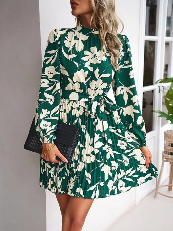 Elegant Floral Pleated Long Sleeve High Neck Mini Dress