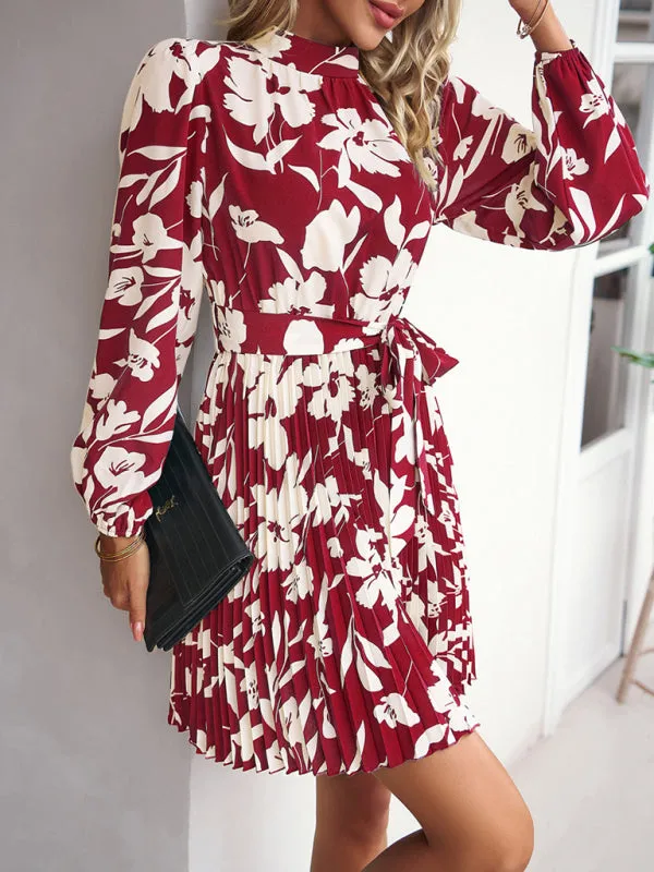 Elegant Floral Pleated Long Sleeve High Neck Mini Dress