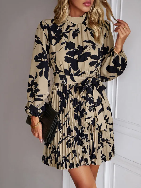 Elegant Floral Pleated Long Sleeve High Neck Mini Dress