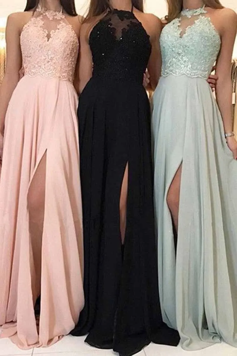 Elegant Solid Patchwork Slit Halter A Line Dresses