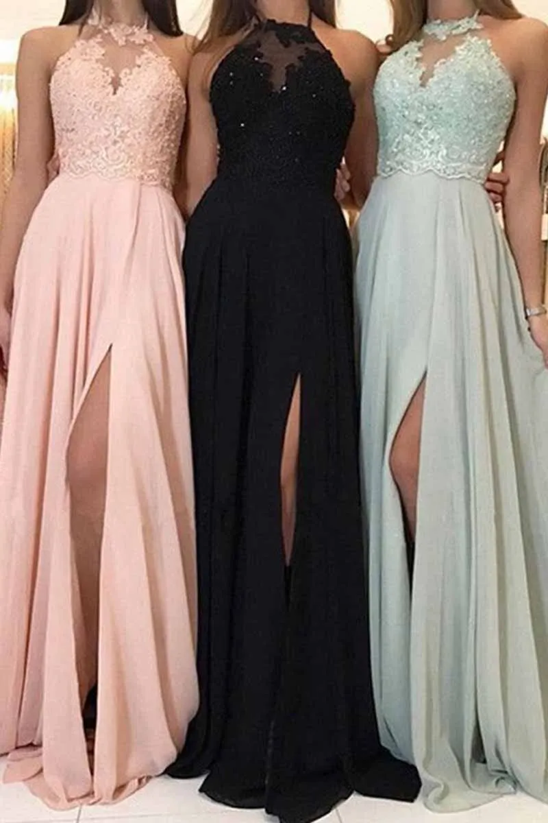 Elegant Solid Patchwork Slit Halter A Line Dresses