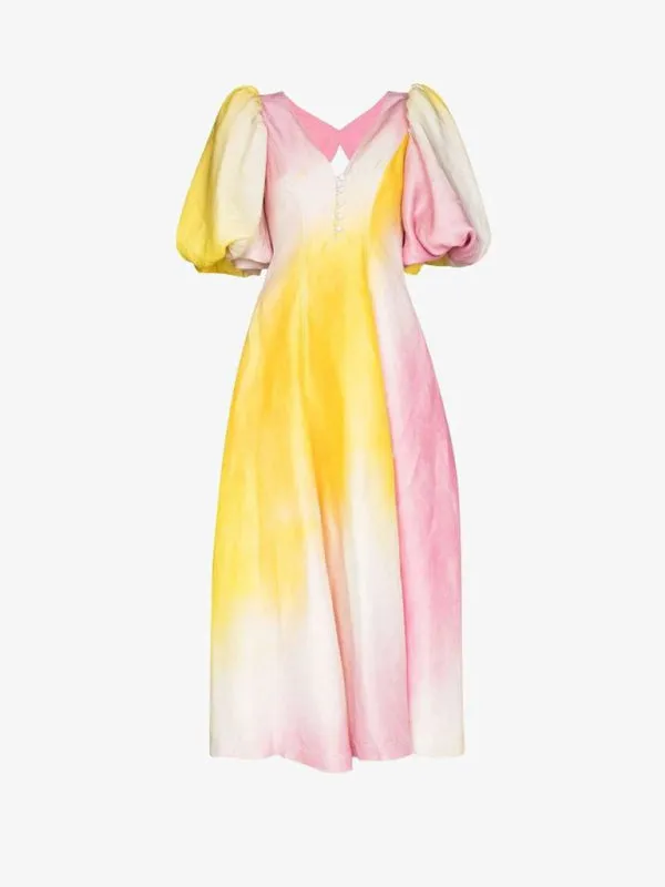 Elegant Tie Dye Backless Puff Midi Dress