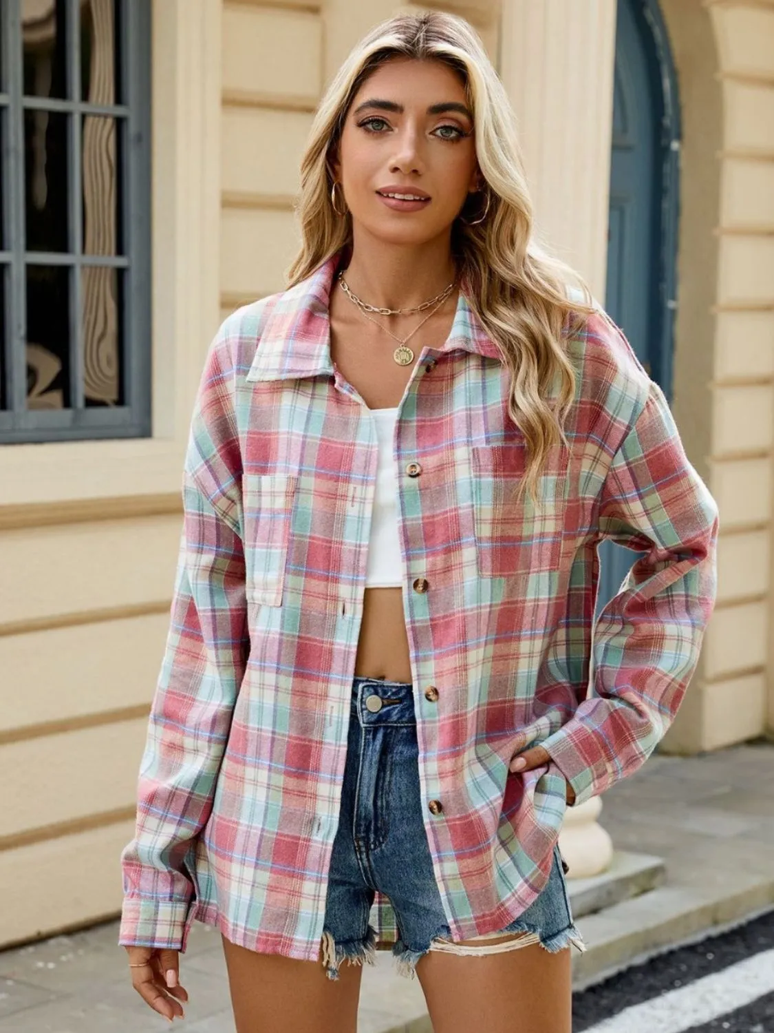 Elena Plaid Collared Neck Long Sleeve Shirt - 7 Styles