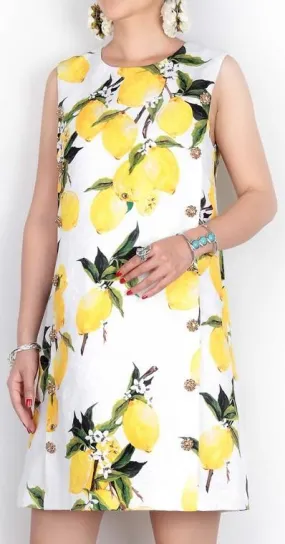 Embellished Jacquard Lemon Print Shift Dress