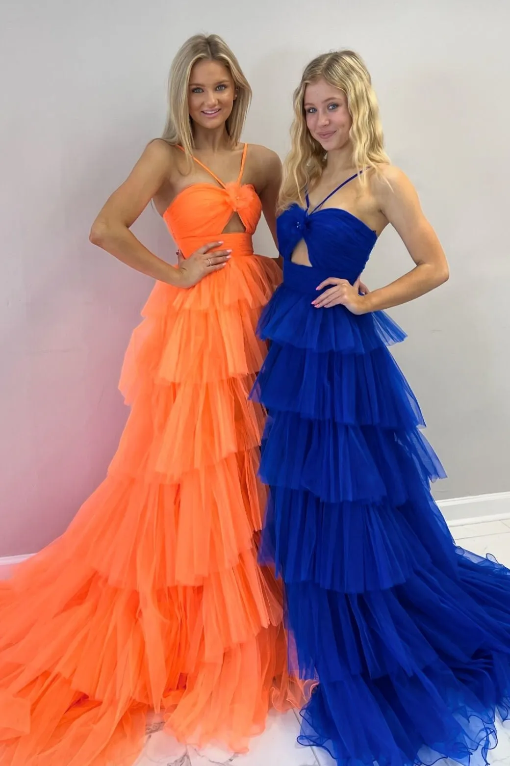 Emmeline| Blue Print Halter Keyhole Ruffle Tiered Long Prom Dress