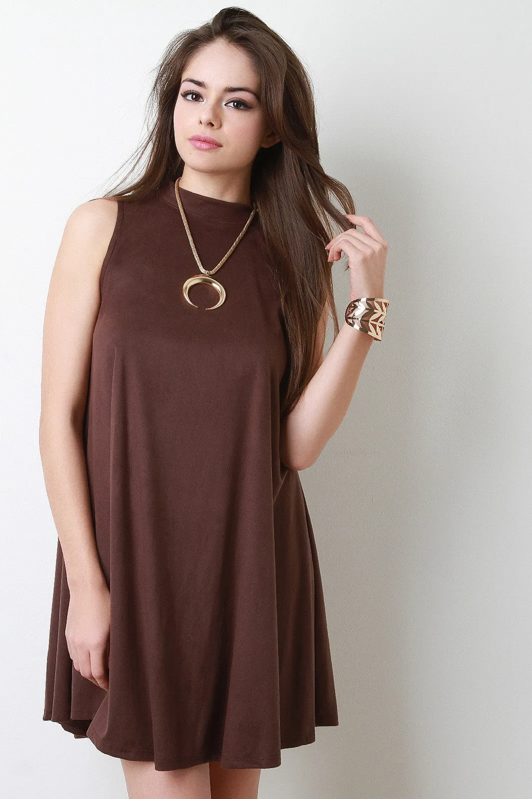 Faux Suede Mock Neckline Shift Dress