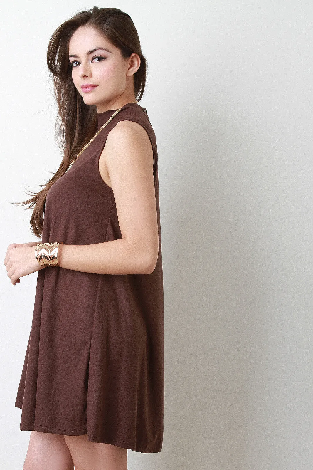 Faux Suede Mock Neckline Shift Dress