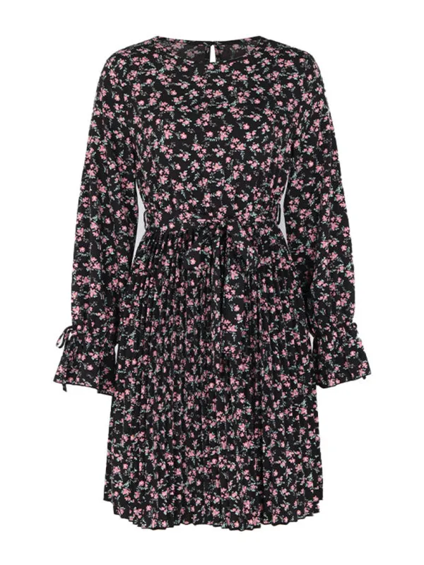 Floral Long Sleeve Belted A-Line Dress in Pleated Finish