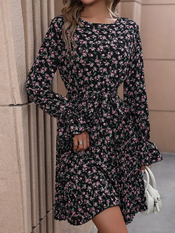 Floral Long Sleeve Belted A-Line Dress in Pleated Finish