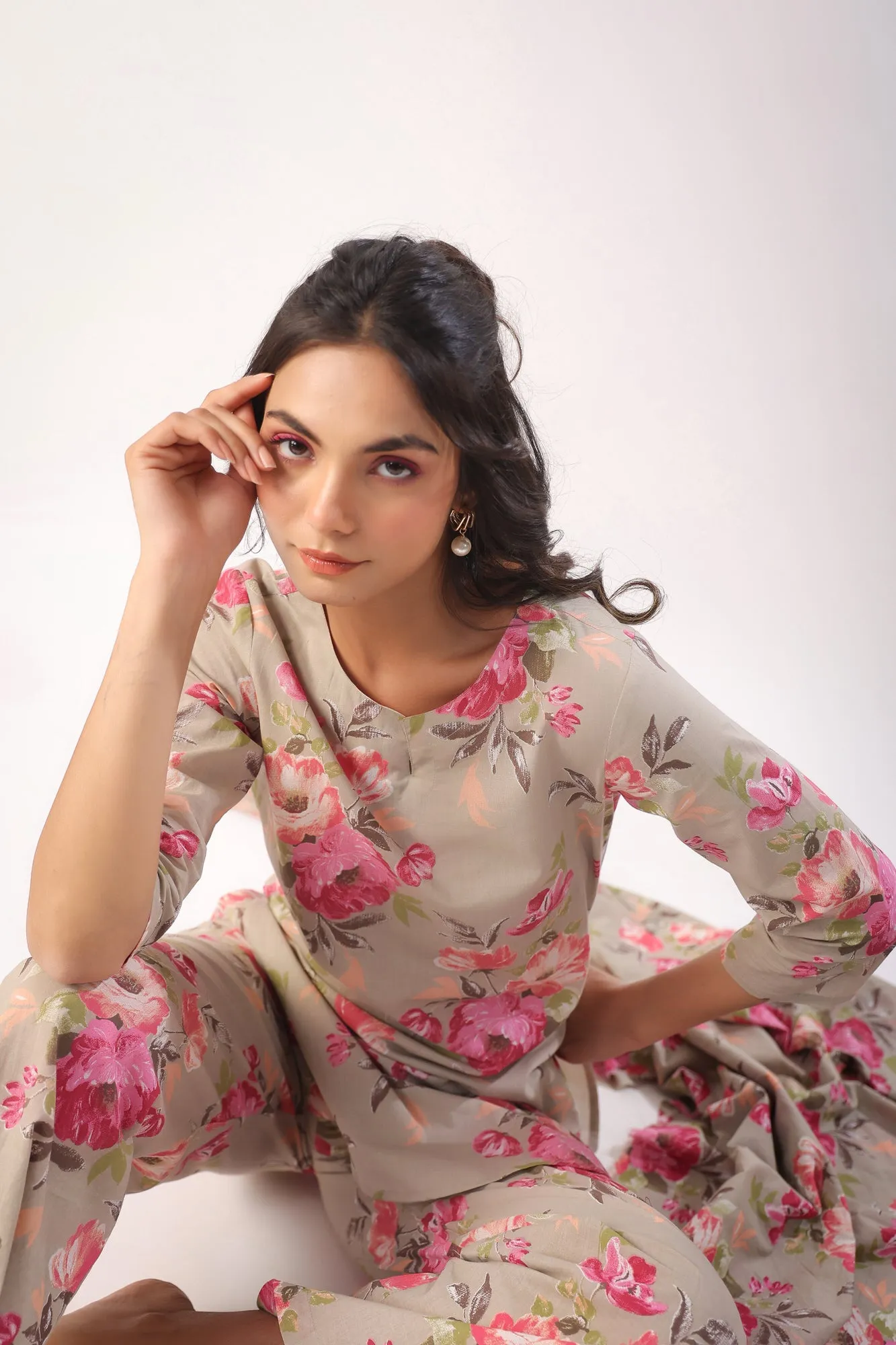 Floral Motifs On Grey Palazzo Loungewear Set