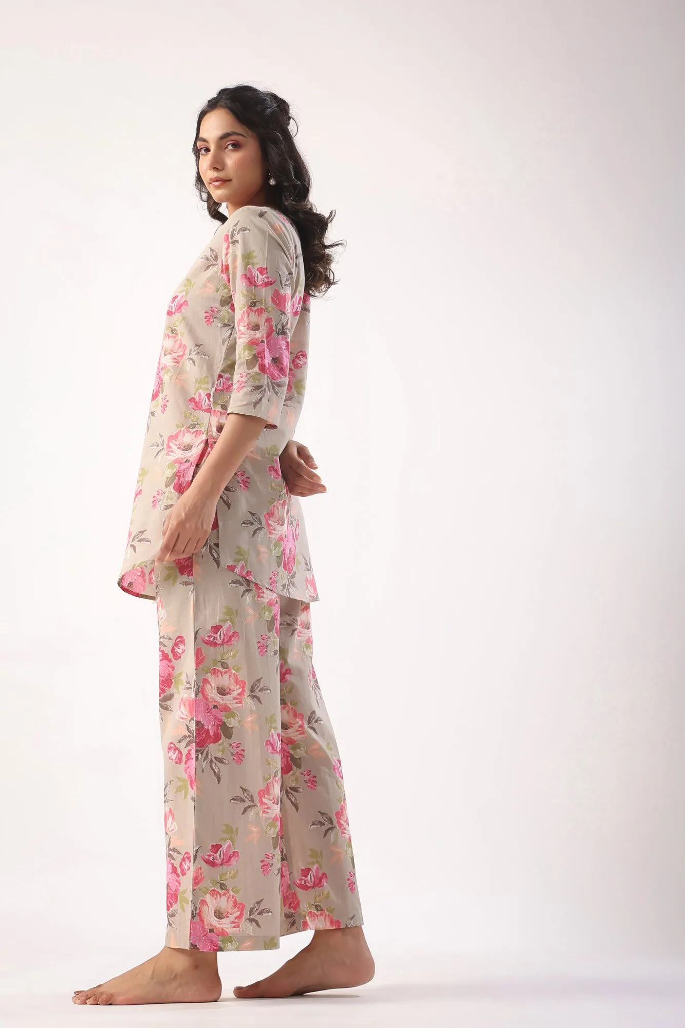 Floral Motifs On Grey Palazzo Loungewear Set