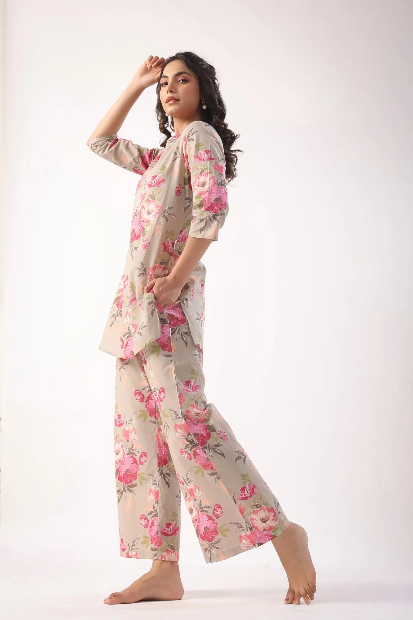 Floral Motifs On Grey Palazzo Loungewear Set