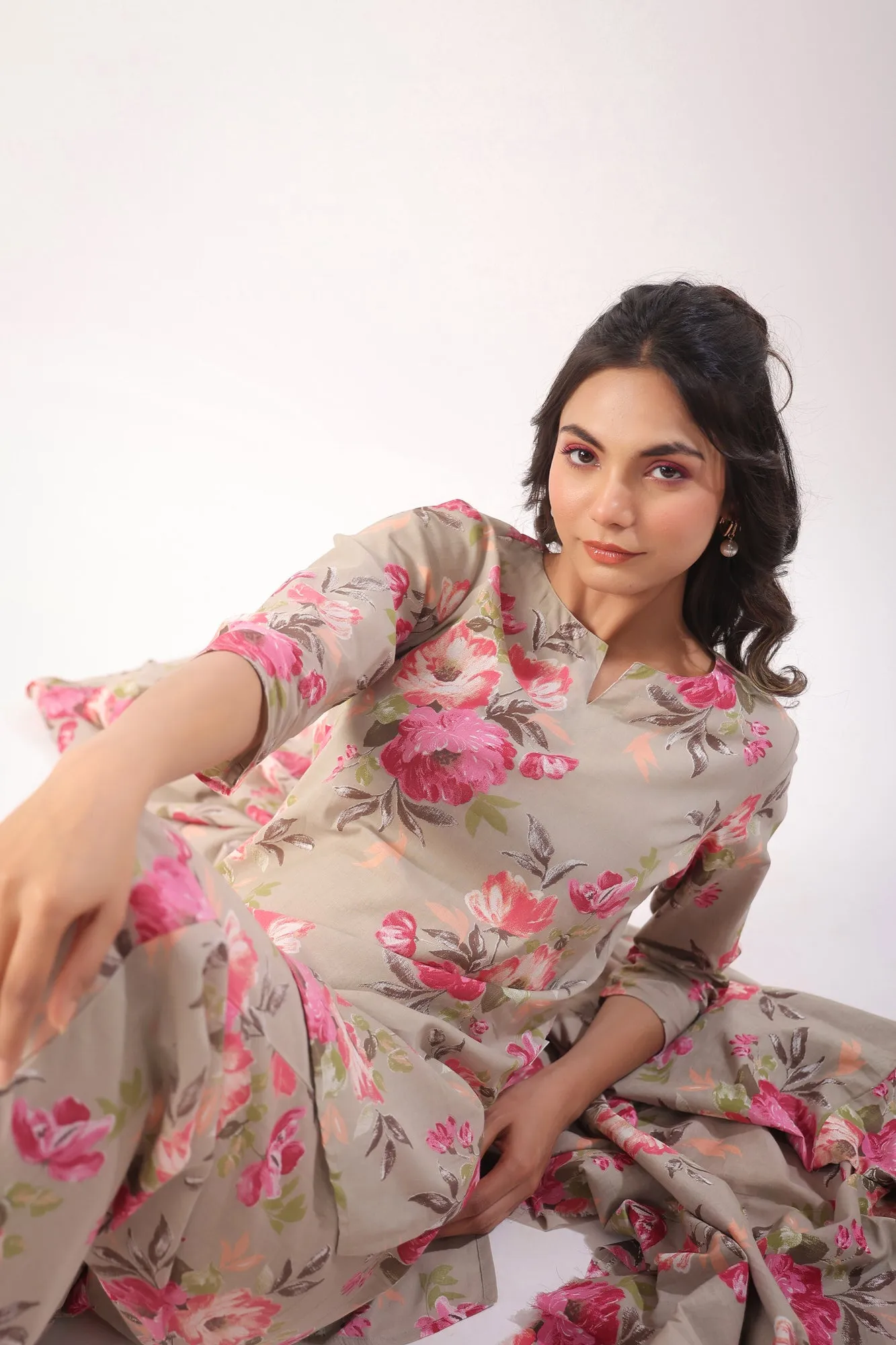 Floral Motifs On Grey Palazzo Loungewear Set