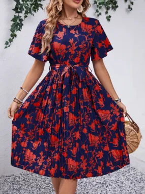 Floral Pleated Belt Tie Midi Dress in A-Line with Short Sleeves