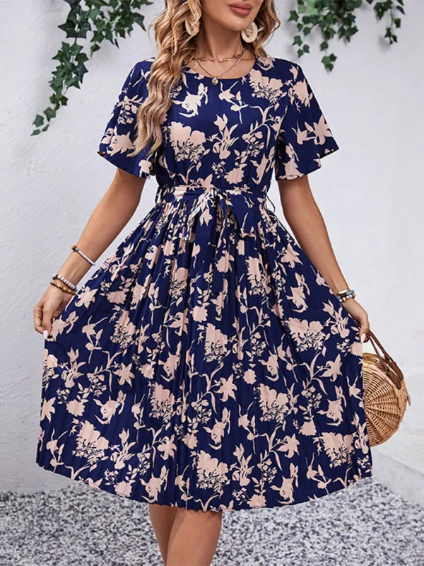 Floral Pleated Belt Tie Midi Dress in A-Line with Short Sleeves