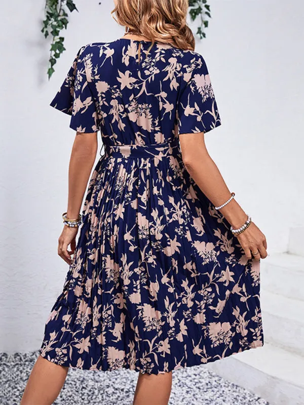 Floral Pleated Belt Tie Midi Dress in A-Line with Short Sleeves