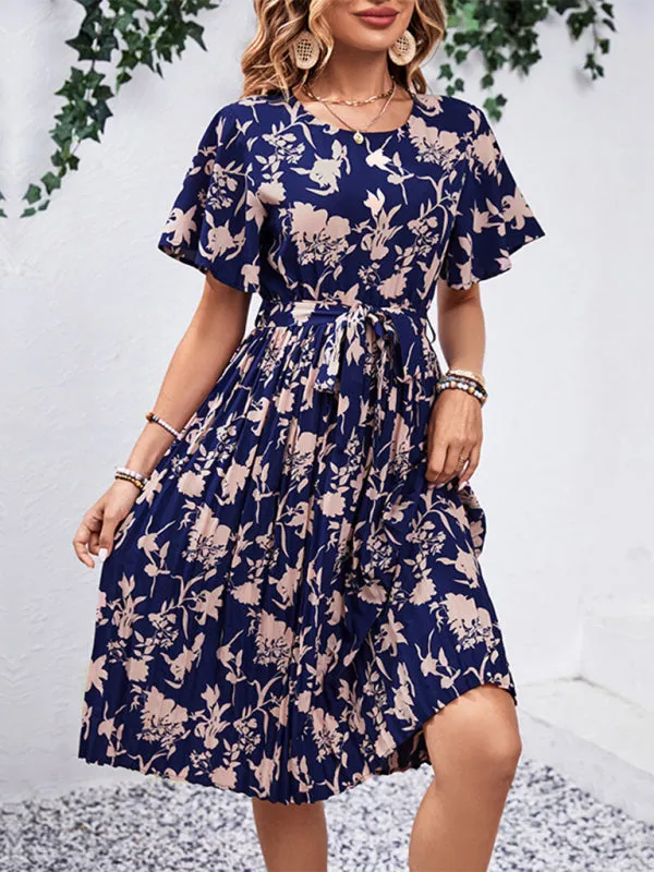 Floral Pleated Belt Tie Midi Dress in A-Line with Short Sleeves