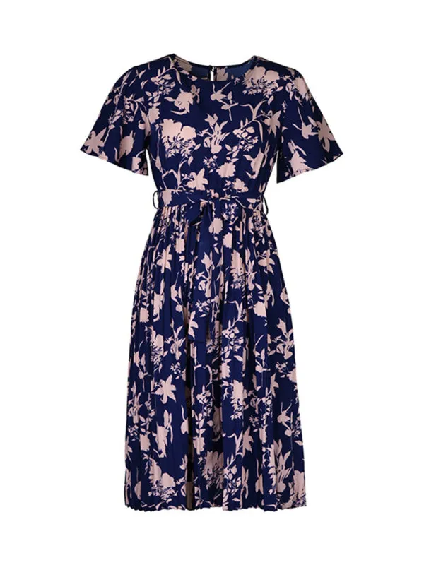 Floral Pleated Belt Tie Midi Dress in A-Line with Short Sleeves