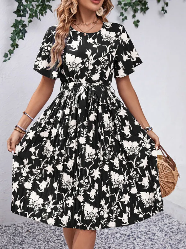 Floral Pleated Belt Tie Midi Dress in A-Line with Short Sleeves