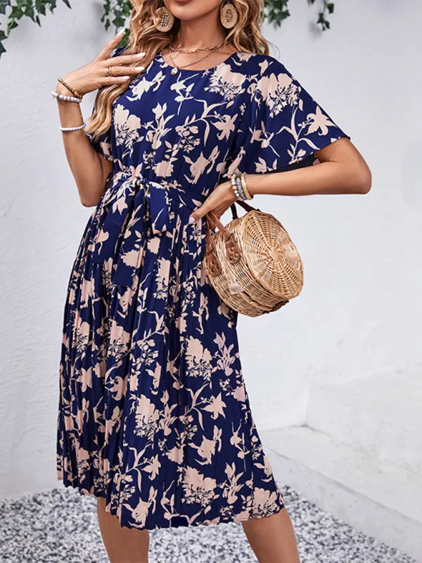 Floral Pleated Belt Tie Midi Dress in A-Line with Short Sleeves