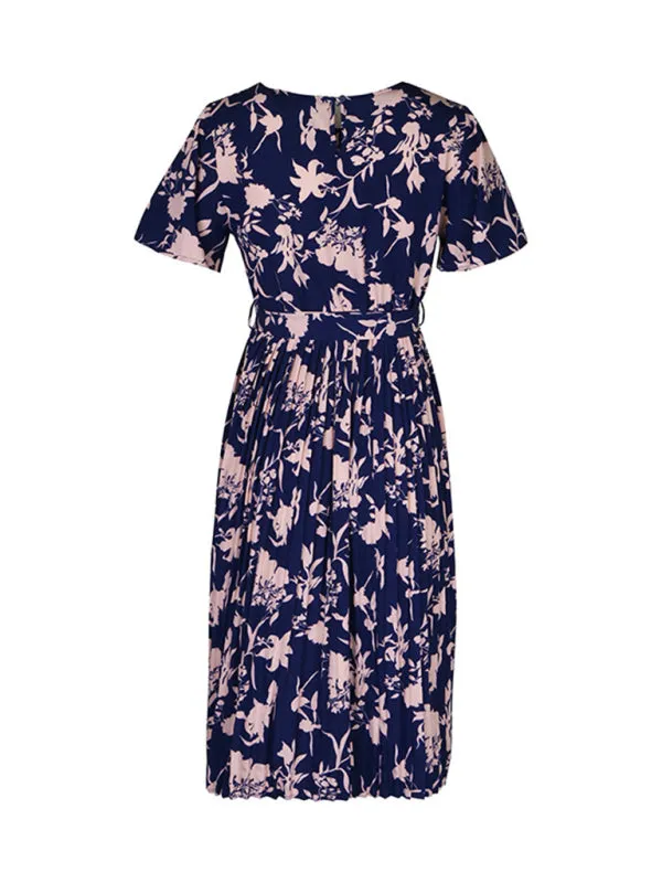 Floral Pleated Belt Tie Midi Dress in A-Line with Short Sleeves