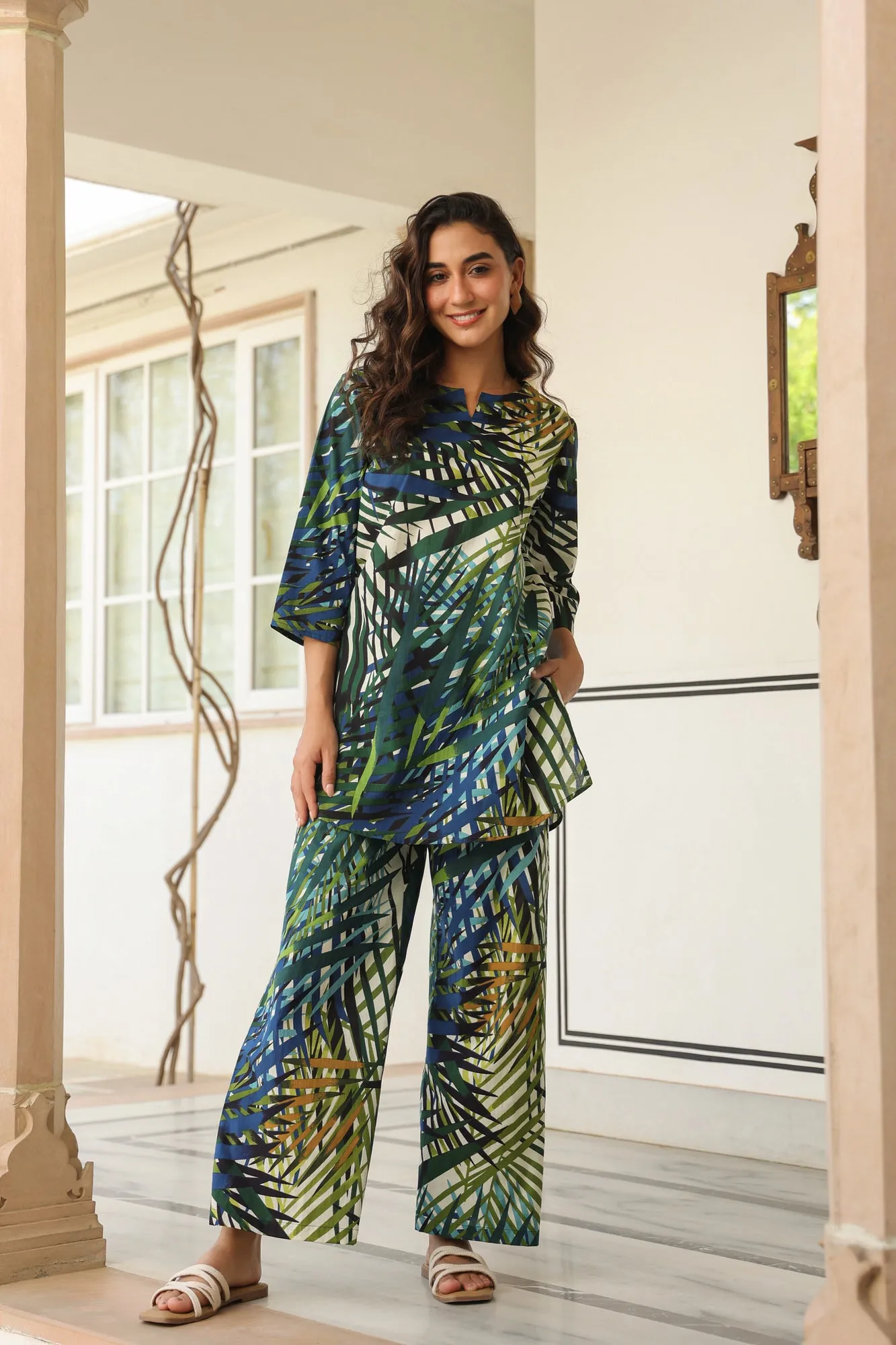 Forest Fern Green Cotton Palazzo Loungewear Set