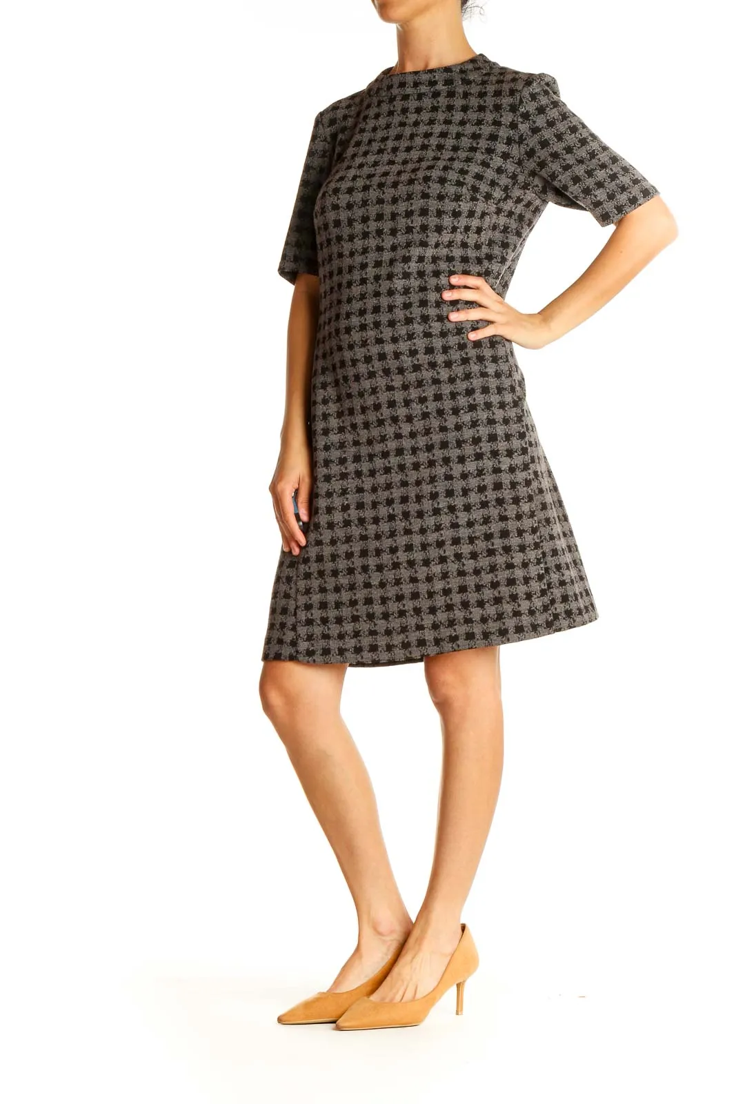 Gray Houndstooth Day A-Line Dress