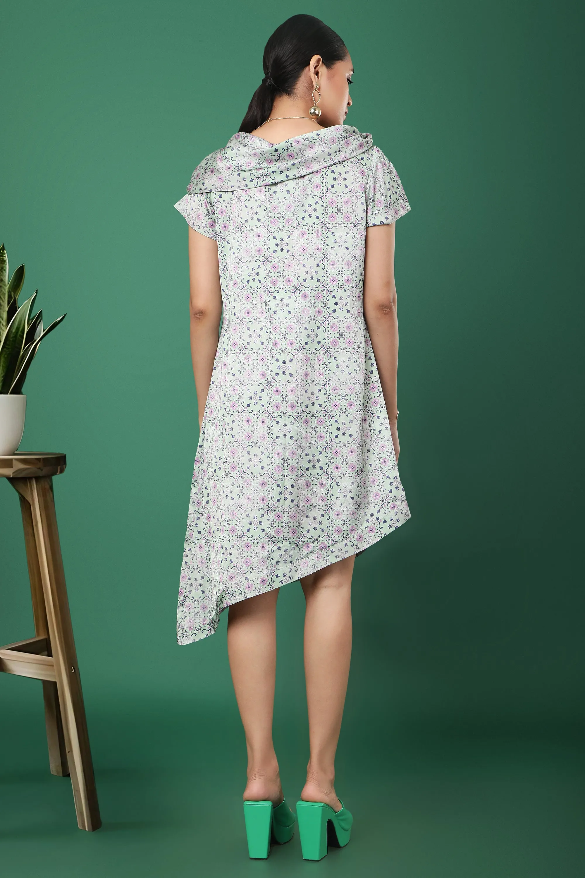 Green Floral Asymmetrical Hem Dress