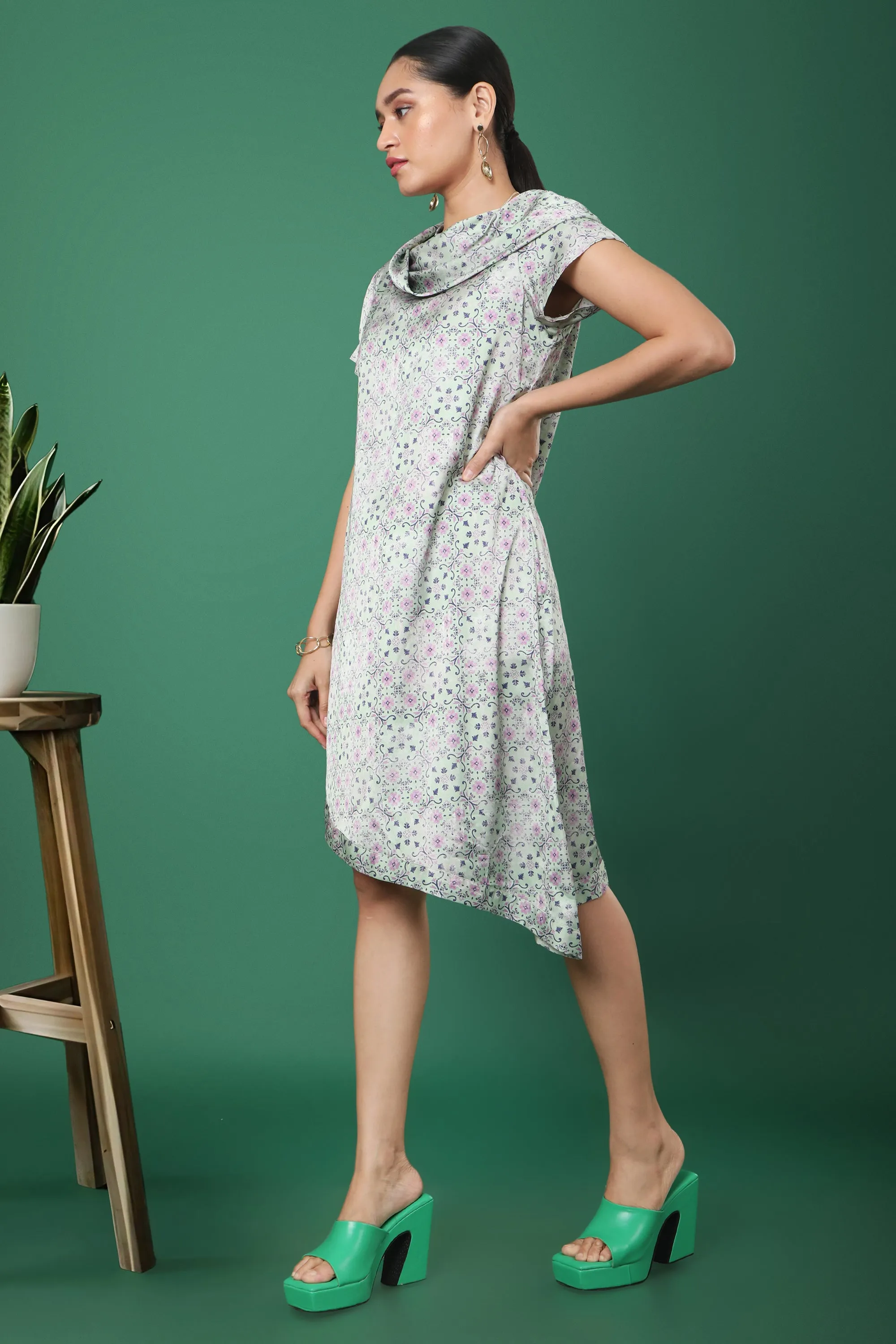 Green Floral Asymmetrical Hem Dress