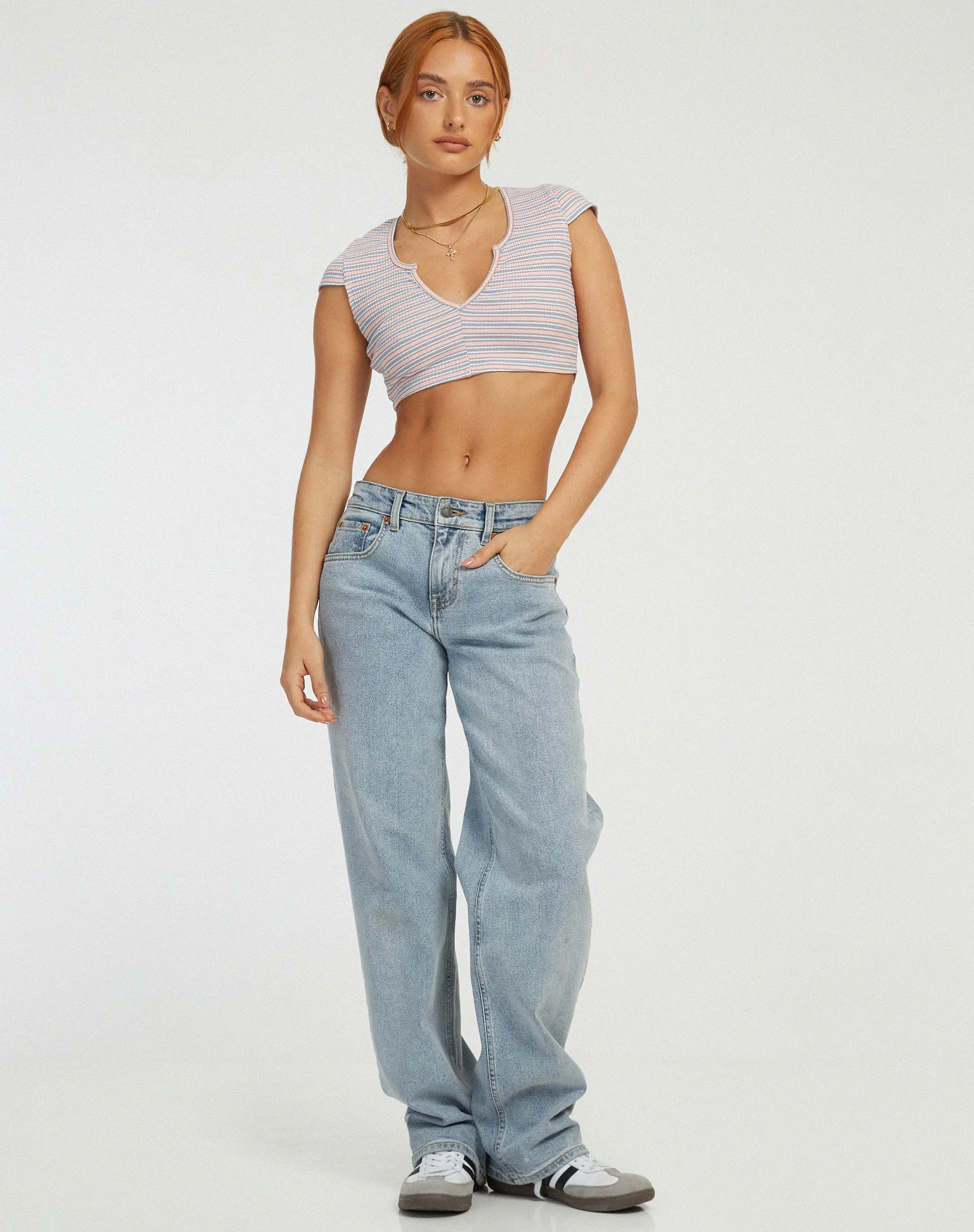 Guanna Crop Top in Stripe Rib Blue and Peach