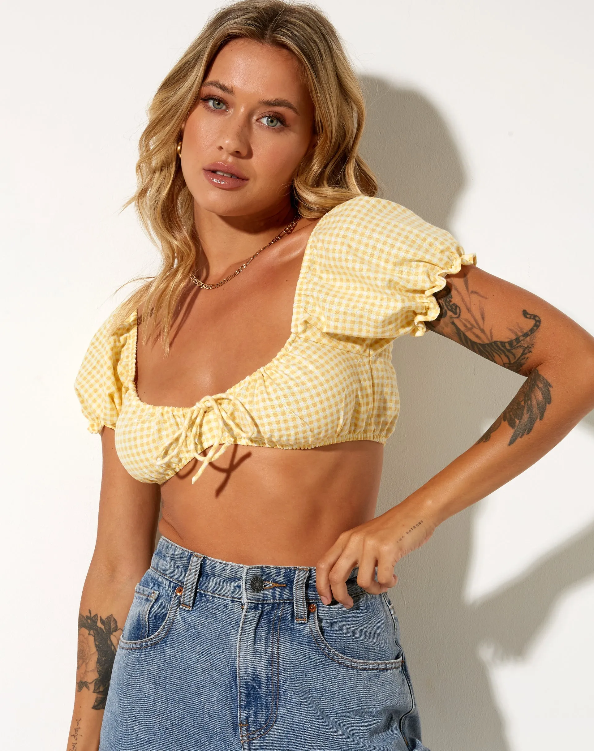 Haenji Crop Top in Lemon Gingham Yellow